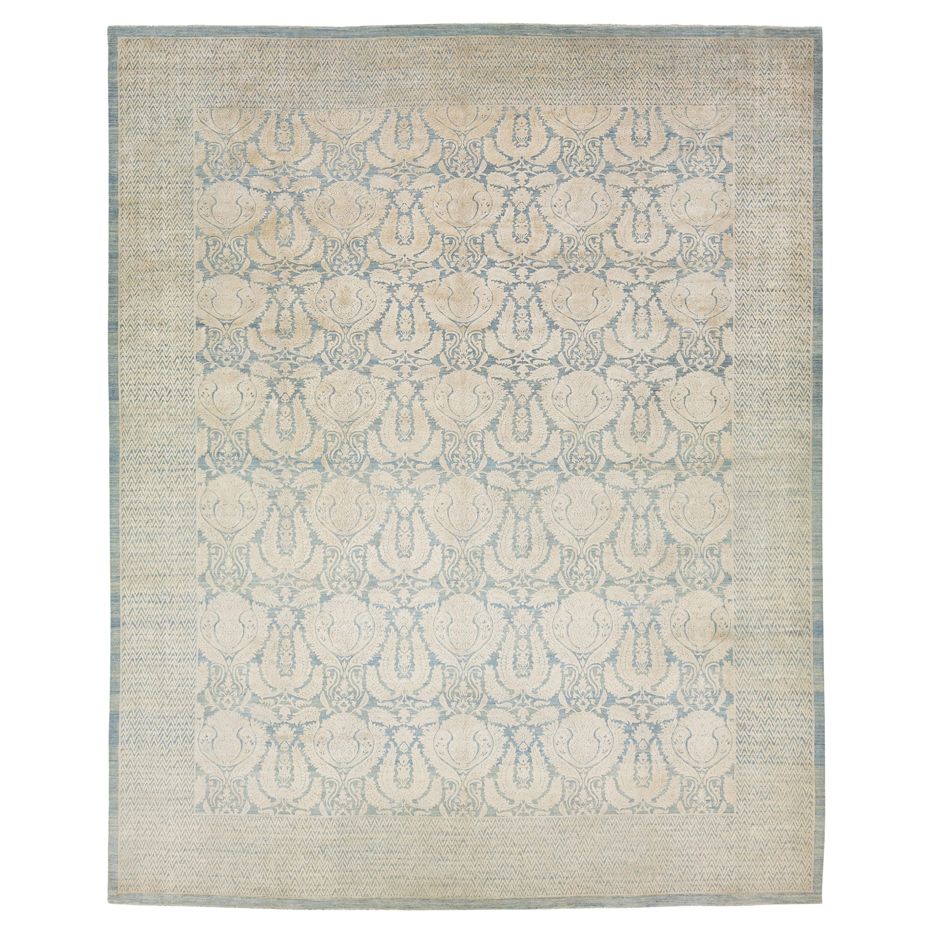 Transitional Handmade Wool Rug With Allover Pattern In Beige and Blue Colors  For Sale
