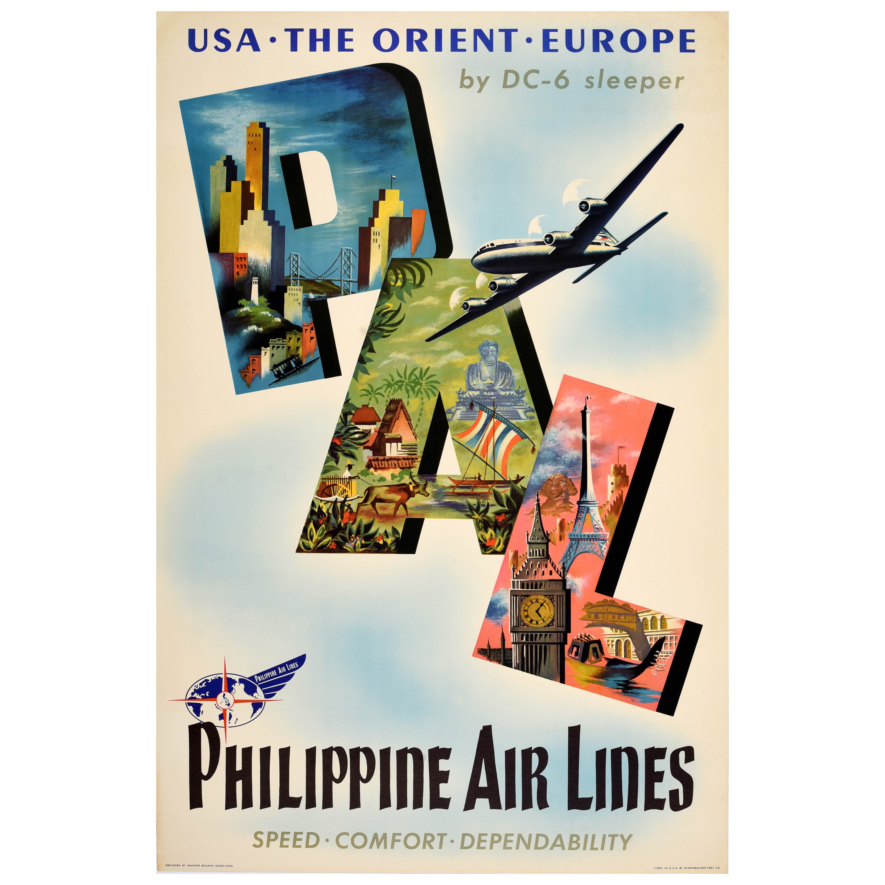 Original Vintage Travel Poster Philippine Airlines PAL USA The Orient Europe For Sale