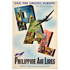 Original Antique Travel Poster Philippine Airlines PAL USA The Orient Europe