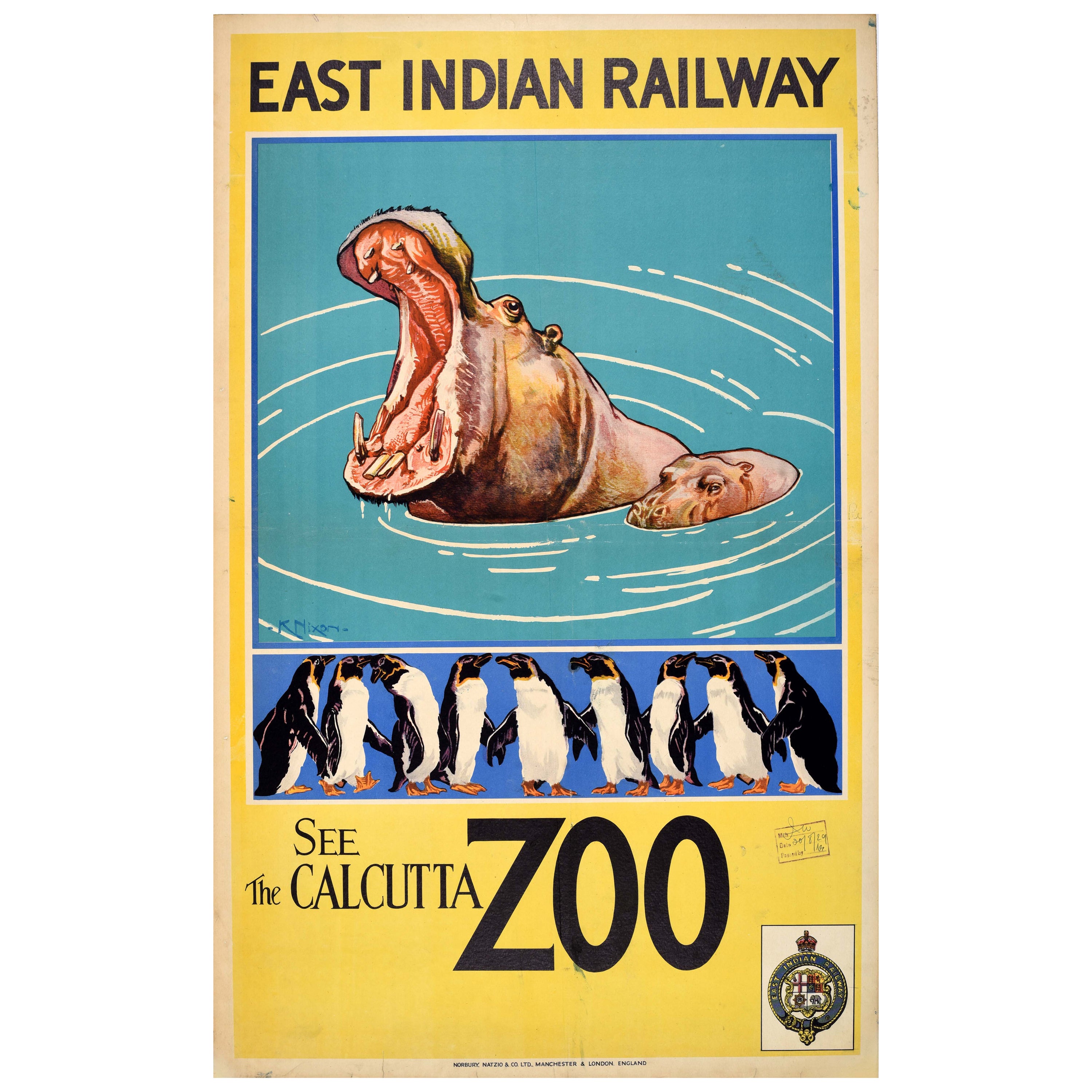 Original Vintage Asiatisches Reiseplakat, Calcutta Zoo, Hippo, Ostindische Eisenbahn, Nixon, Vintage