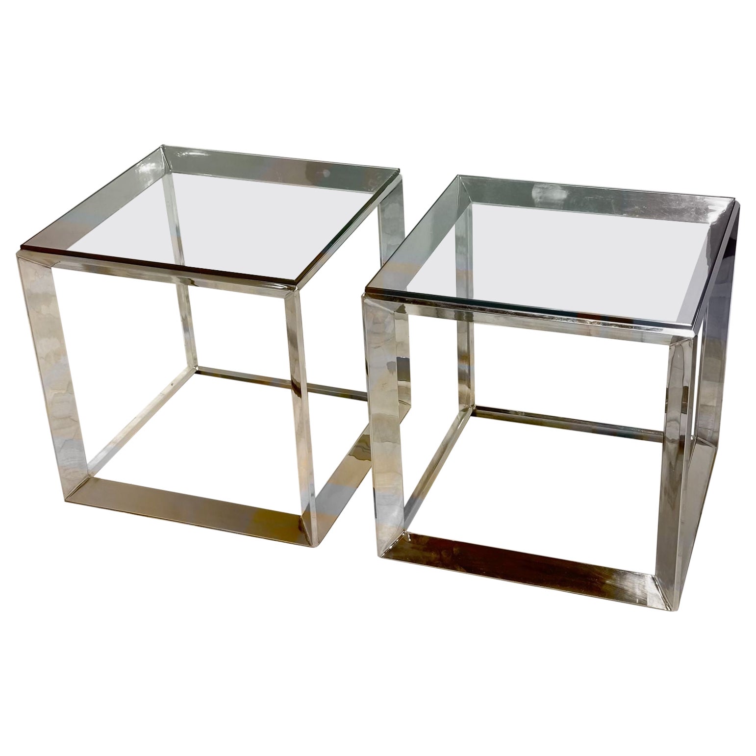 Pair Pace Chrome and Glass Side/End Tables, 1970 For Sale