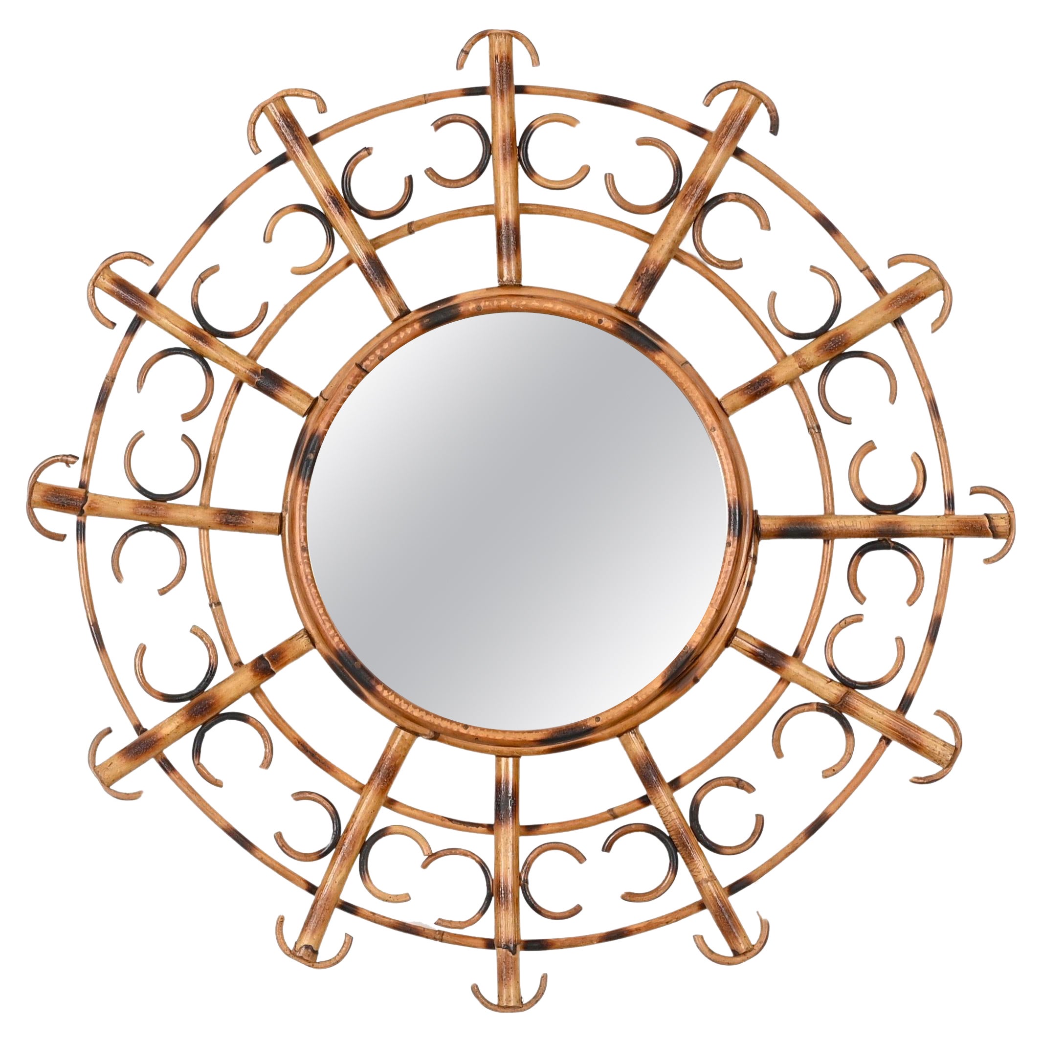 Mid-Century French Riviera Round Mirror in Rattan, France, 1950s