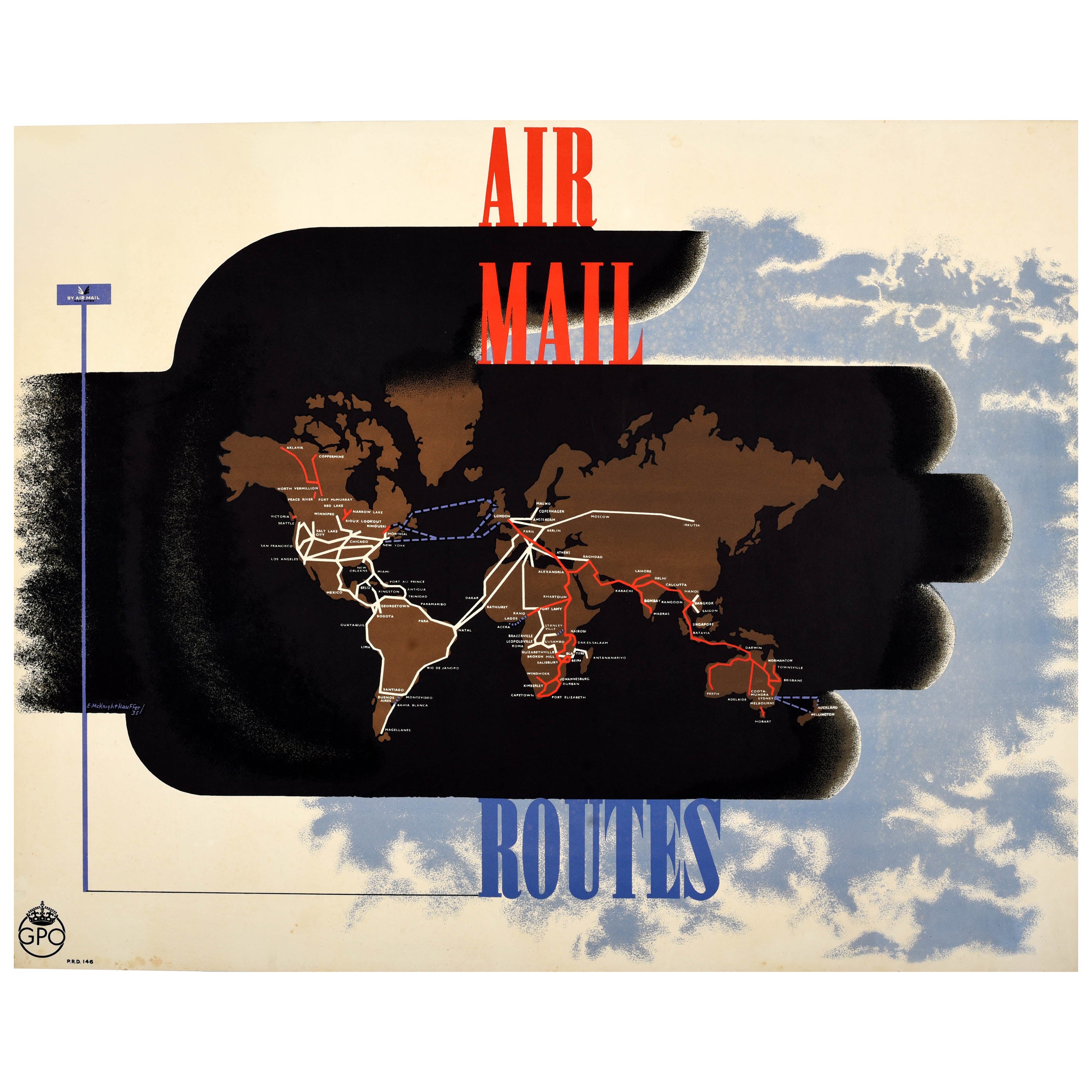 Seltenes Original-Vintage-Werbeplakat Air Mail Routes GPO Mcknight Kauffer, GPO