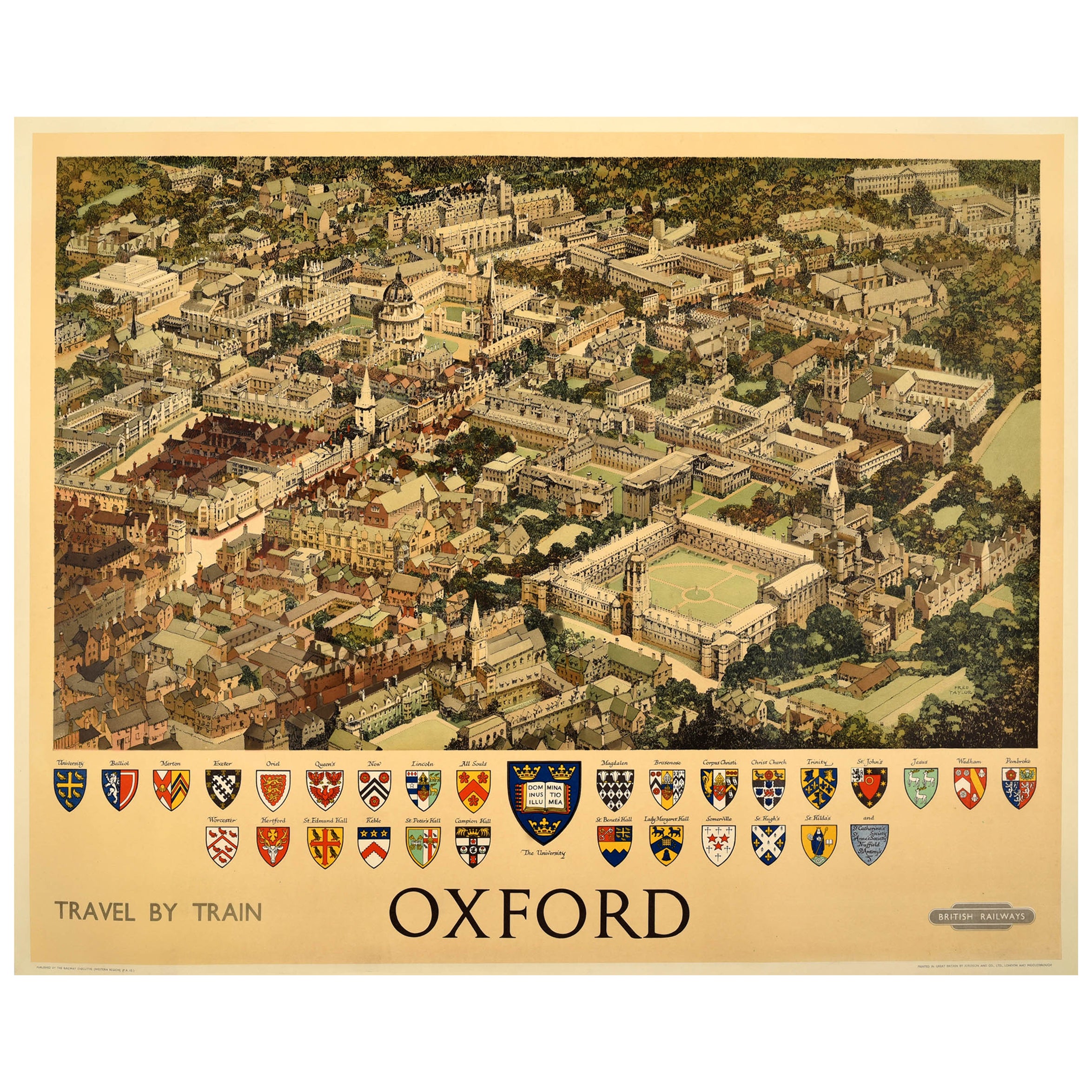 Affiche de voyage originale de l'université d'Oxford British Railways Fred Taylor