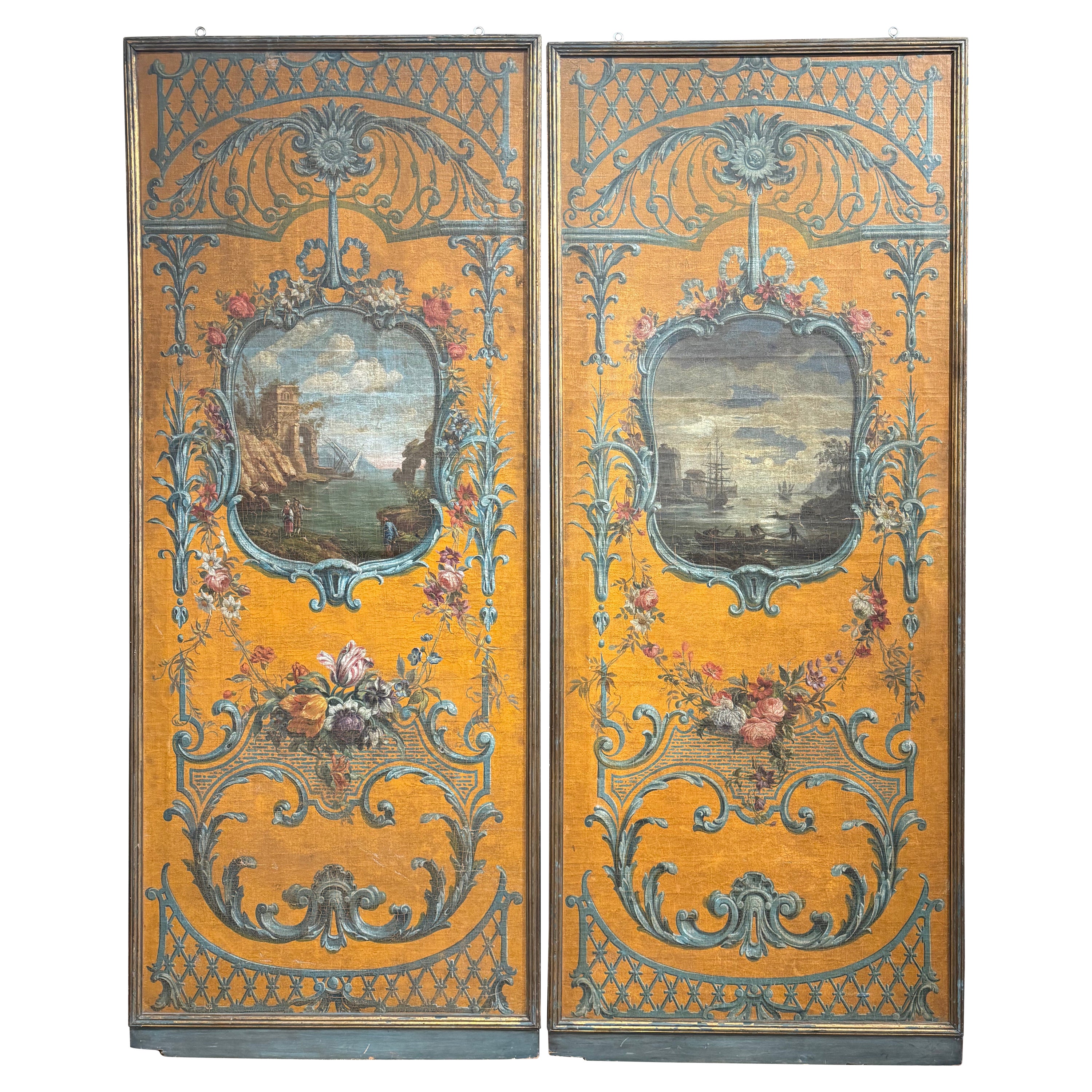 Paar große handgemalte Wandtafeln aus dem 19. Jahrhundert auf Leinwand in vergoldeten Rahmen im Angebot