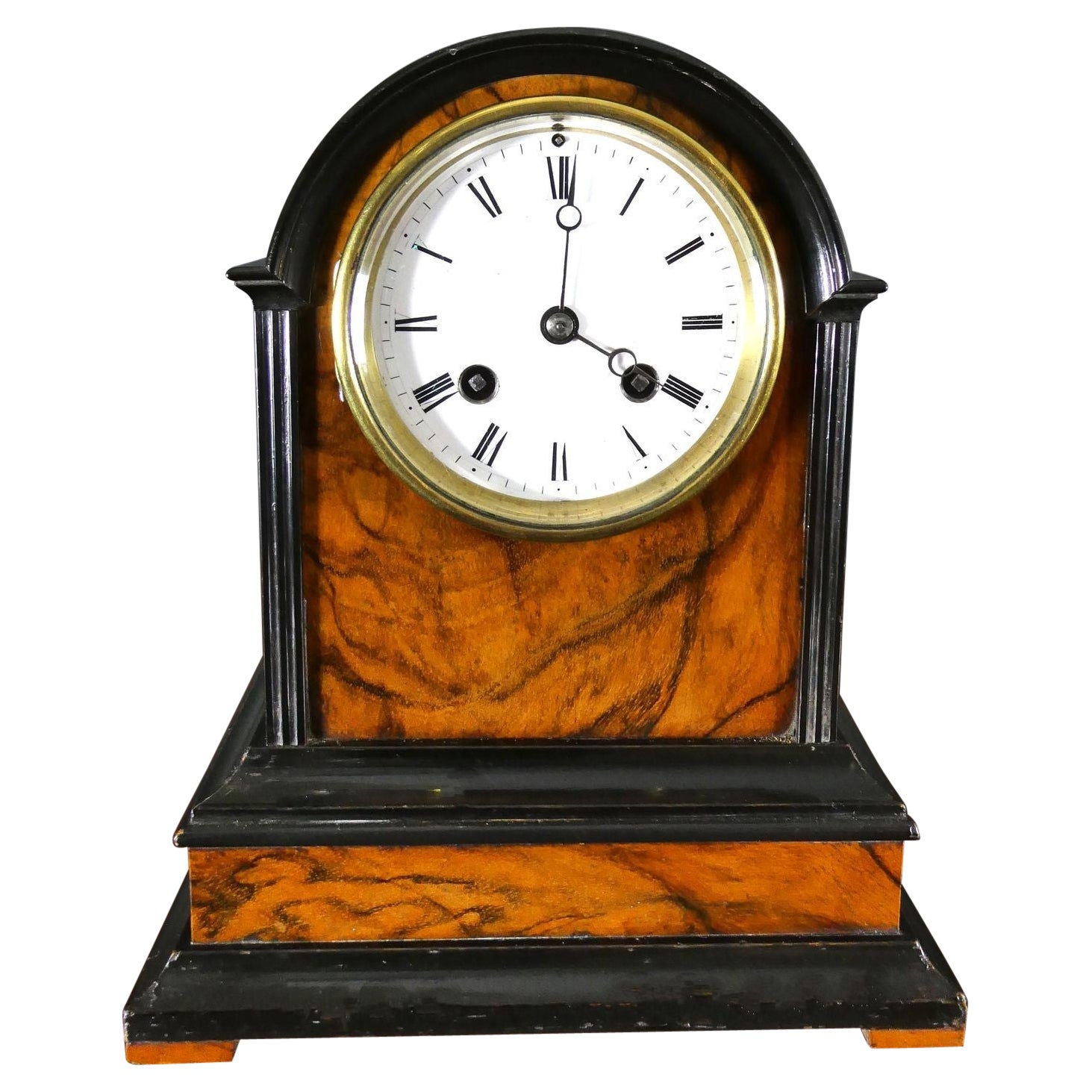 Victorian Walnut and Ebony Mantel Clock For Sale