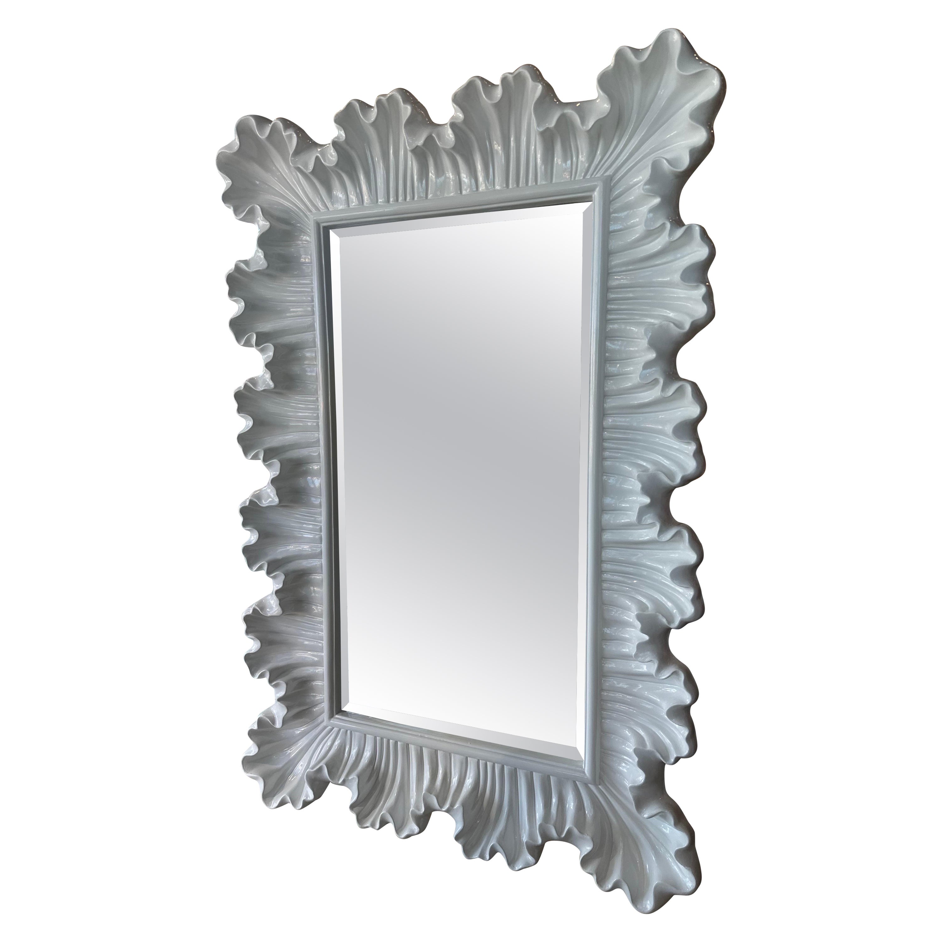 Newly Palm Beach White Lacquered Ruffle Scalloped Wall Mirror  For Sale