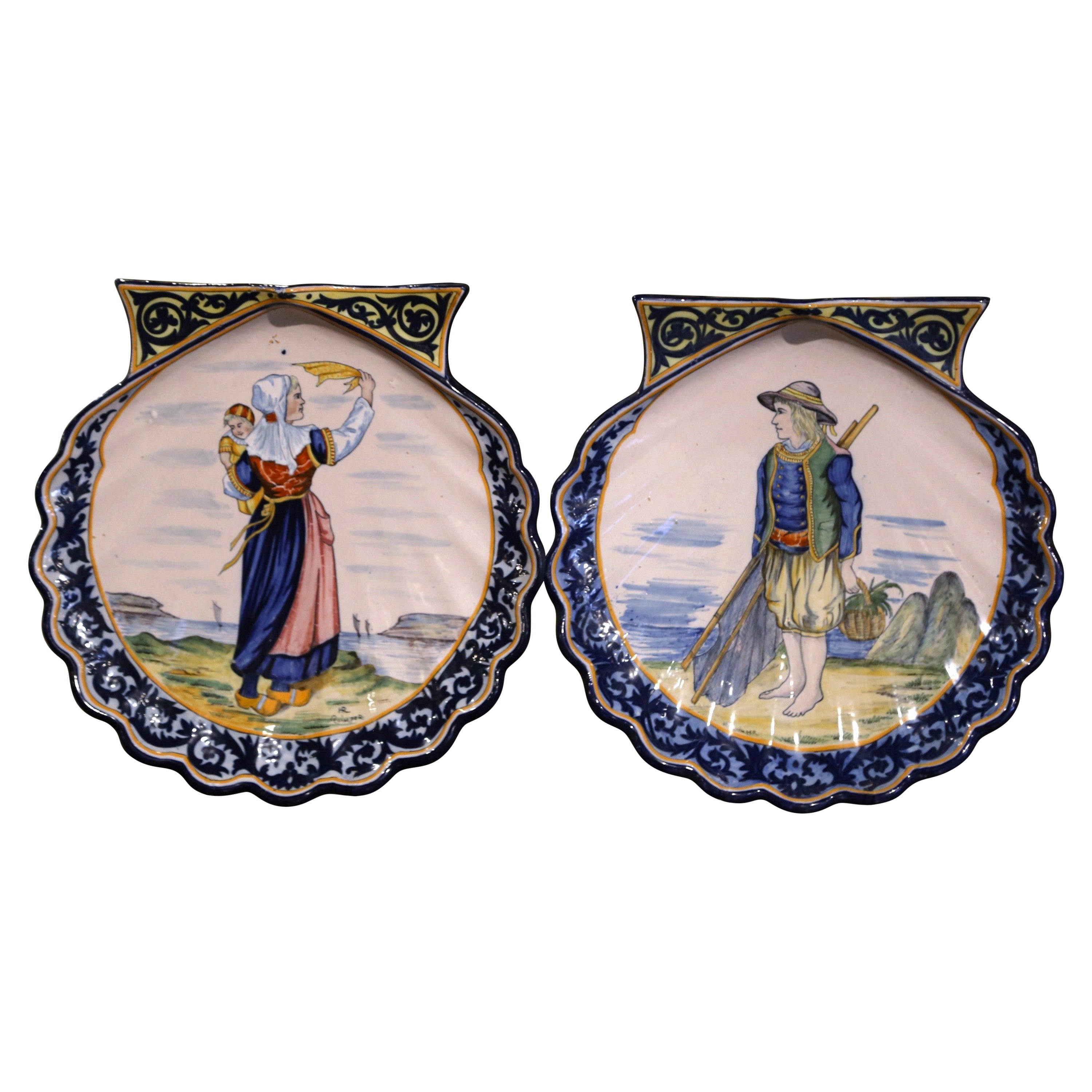 Pair 19th Century French Painted Faience Shell-Form Platters Signed HR Quimper For Sale