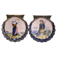 Antique Pair 19th Century French Painted Faience Shell-Form Platters Signed HR Quimper