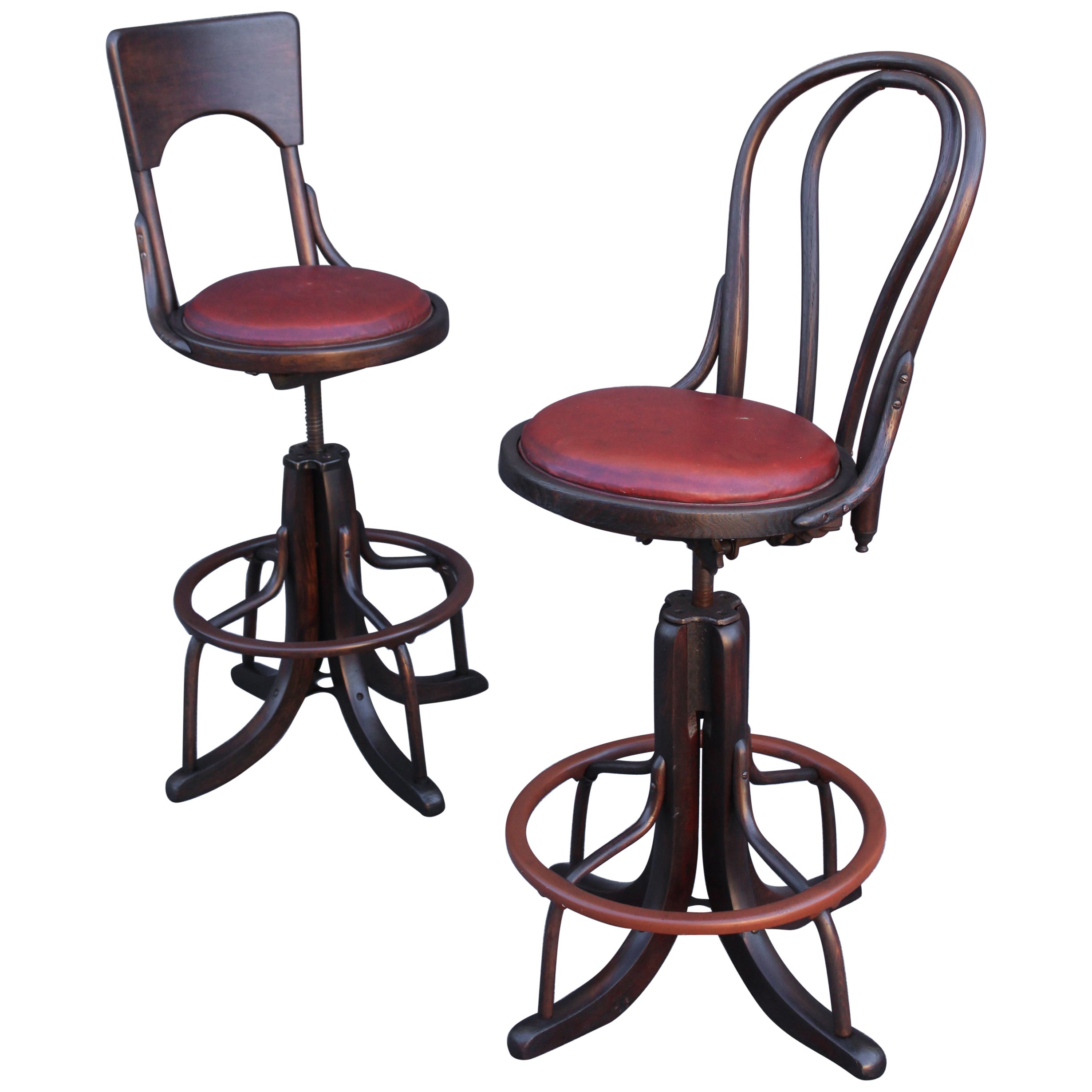 Bell System Thonet Attr. 1900s Counter Drafting Swivel Adjustable Pair Stools For Sale