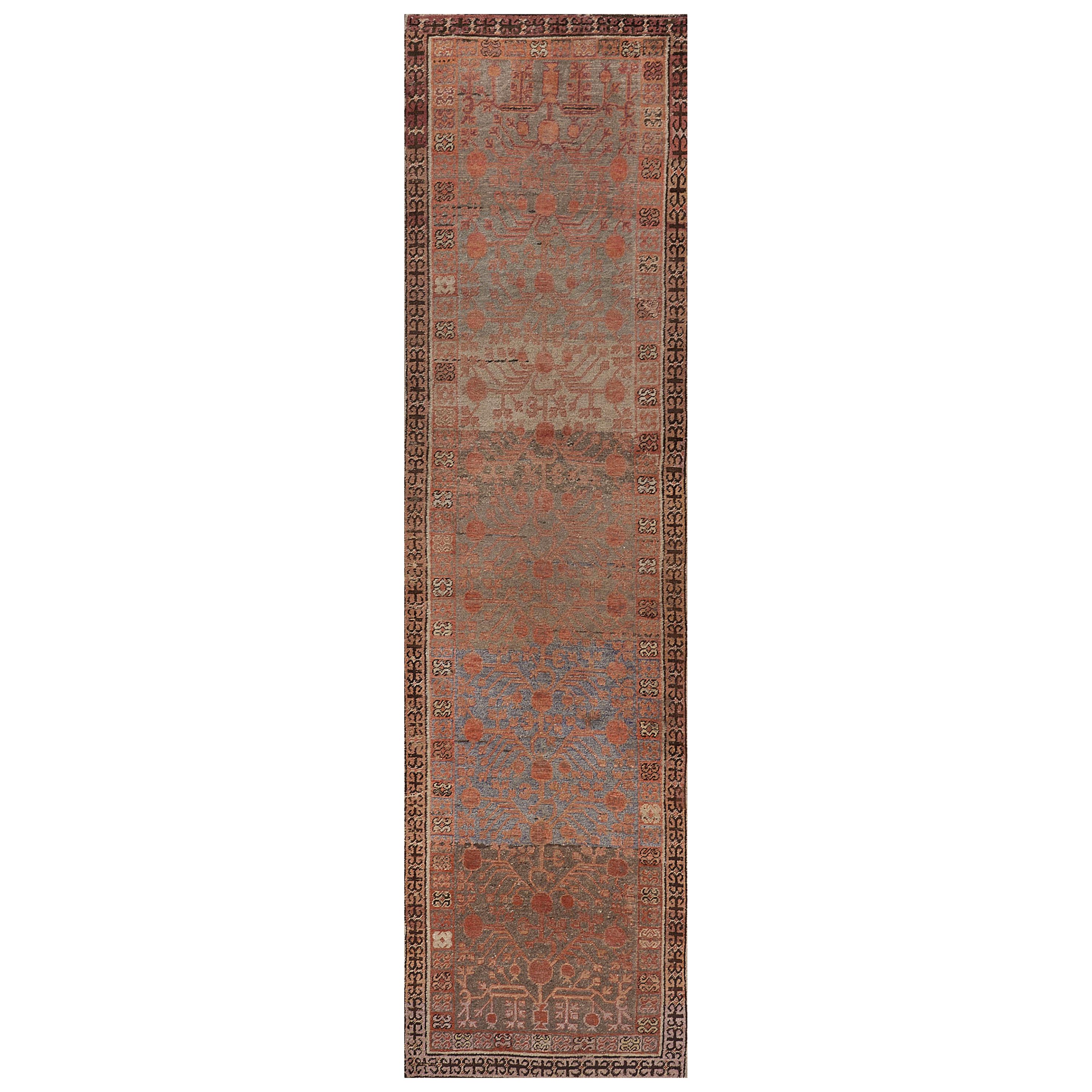 Hand-Knotted Wool Antique Pomegranate Floral Khotan Runner  For Sale