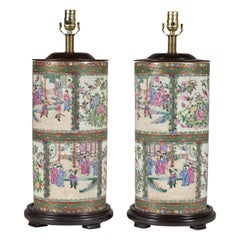 Retro Pair of Hand-Painted Rose Medallion Table Lamps with Court Scenes and Birds