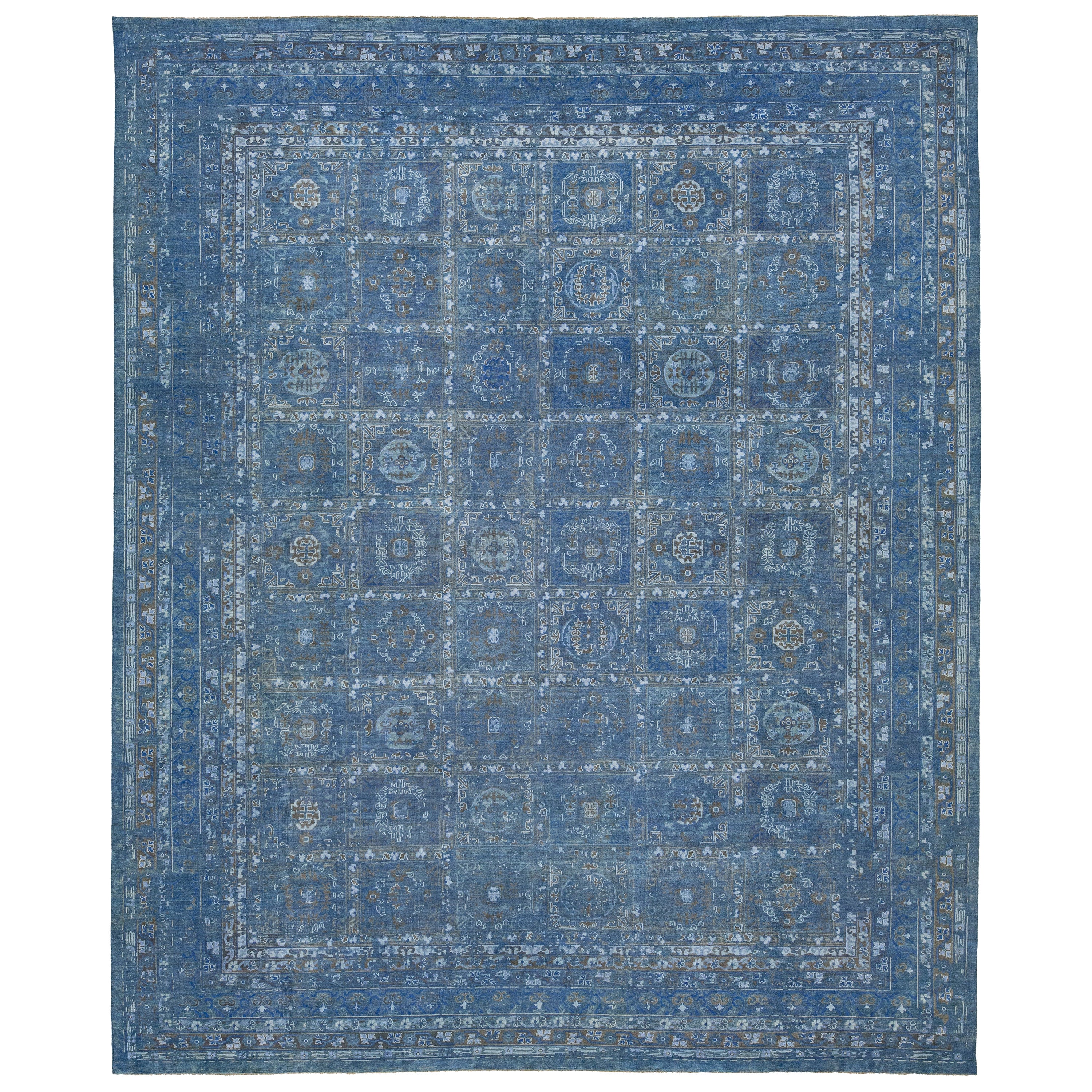 Transitional Blue Handmade Wool Rug With Allover Geometric Motif  For Sale