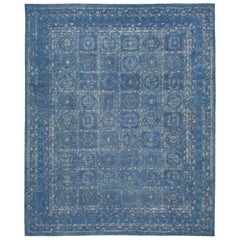 Transitional Blue Handmade Wool Rug With Allover Geometric Motif 