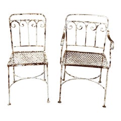 Retro Art Nouveau Scrolling Wrought Iron Garden Patio Dining Chairs - A Pair