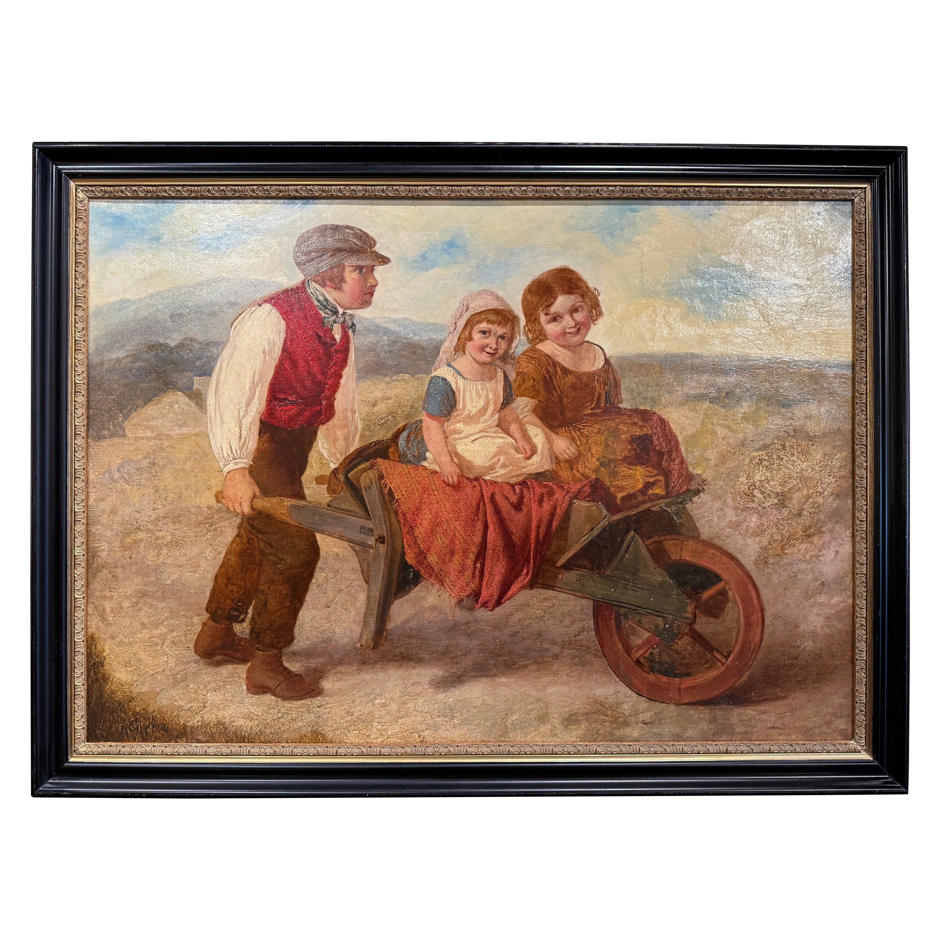 19th Century English Framed Pastoral Oil Painting on Canvas Signed A. Green