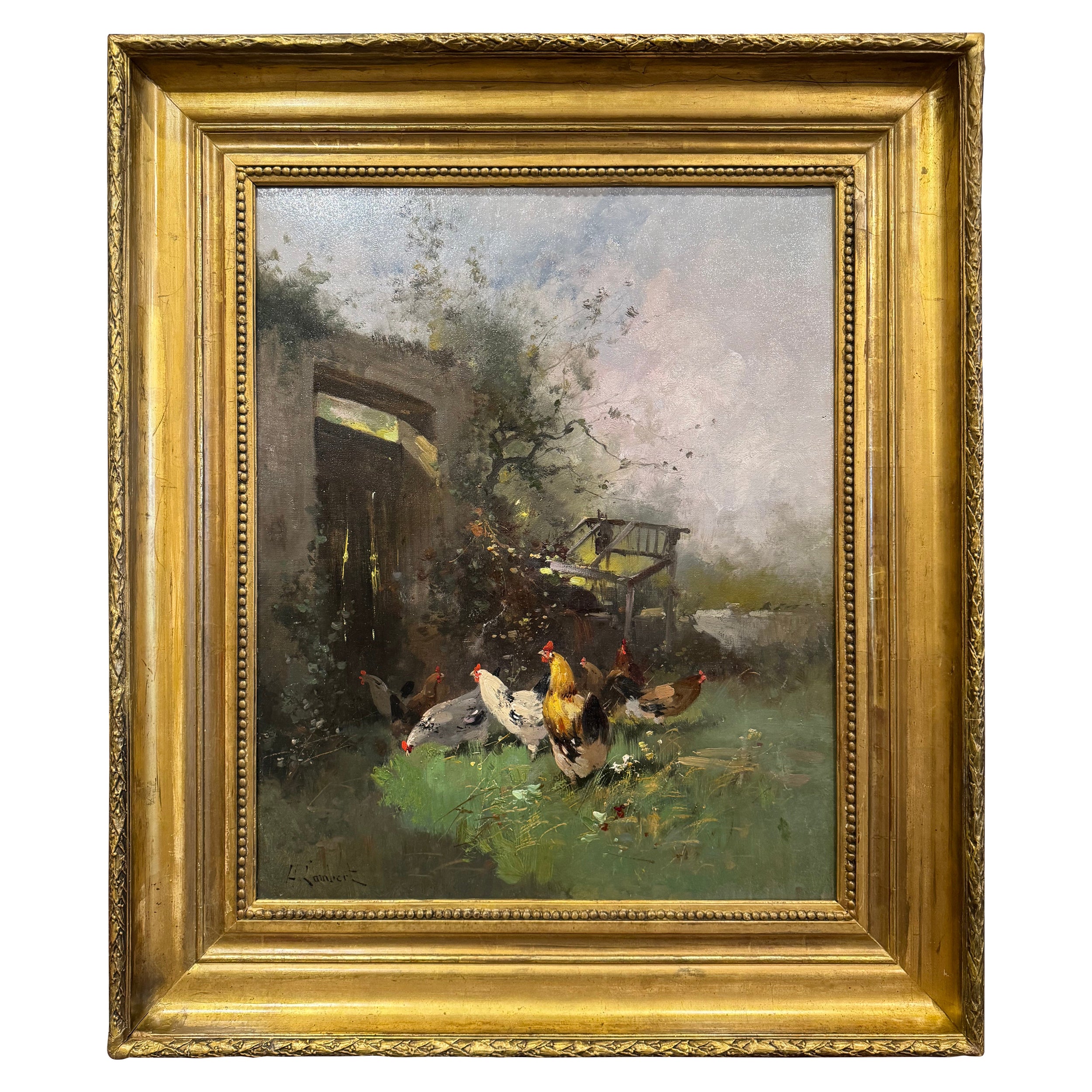 19th Century Framed Chicken Oil Painting Signed H. Lambert for E. Galien-Laloue For Sale