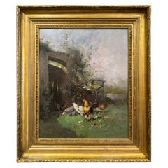 Antique 19th Century Framed Chicken Oil Painting Signed H. Lambert for E. Galien-Laloue