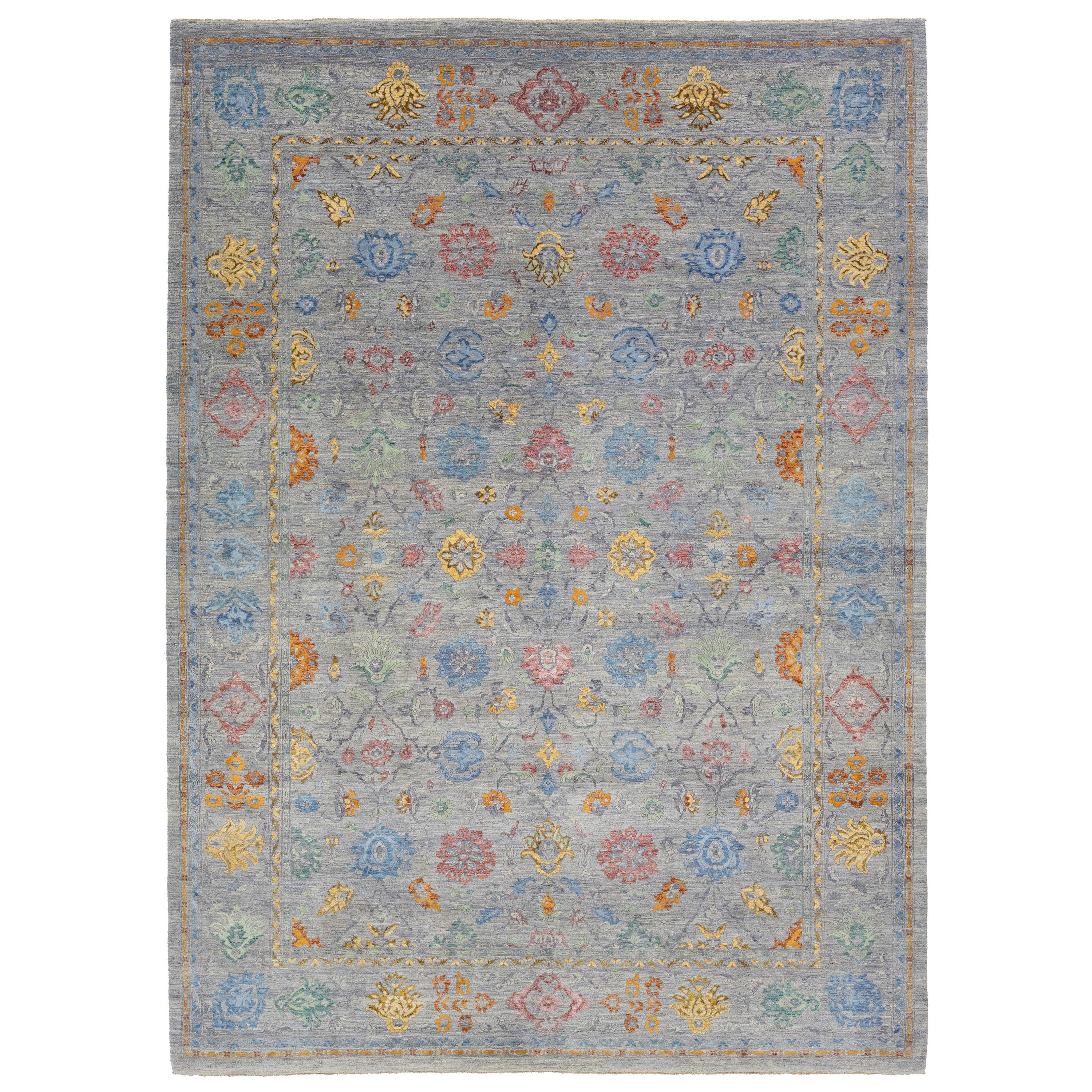 Gray Transitional Handmade Wool & Silk Rug With Allover Multicolor Pattern For Sale