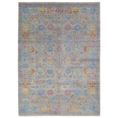 Gray Transitional Handmade Wool & Silk Rug With Allover Multicolor Pattern