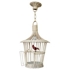 Original Vintage Birdcage Pendant Lamp in White Rattan