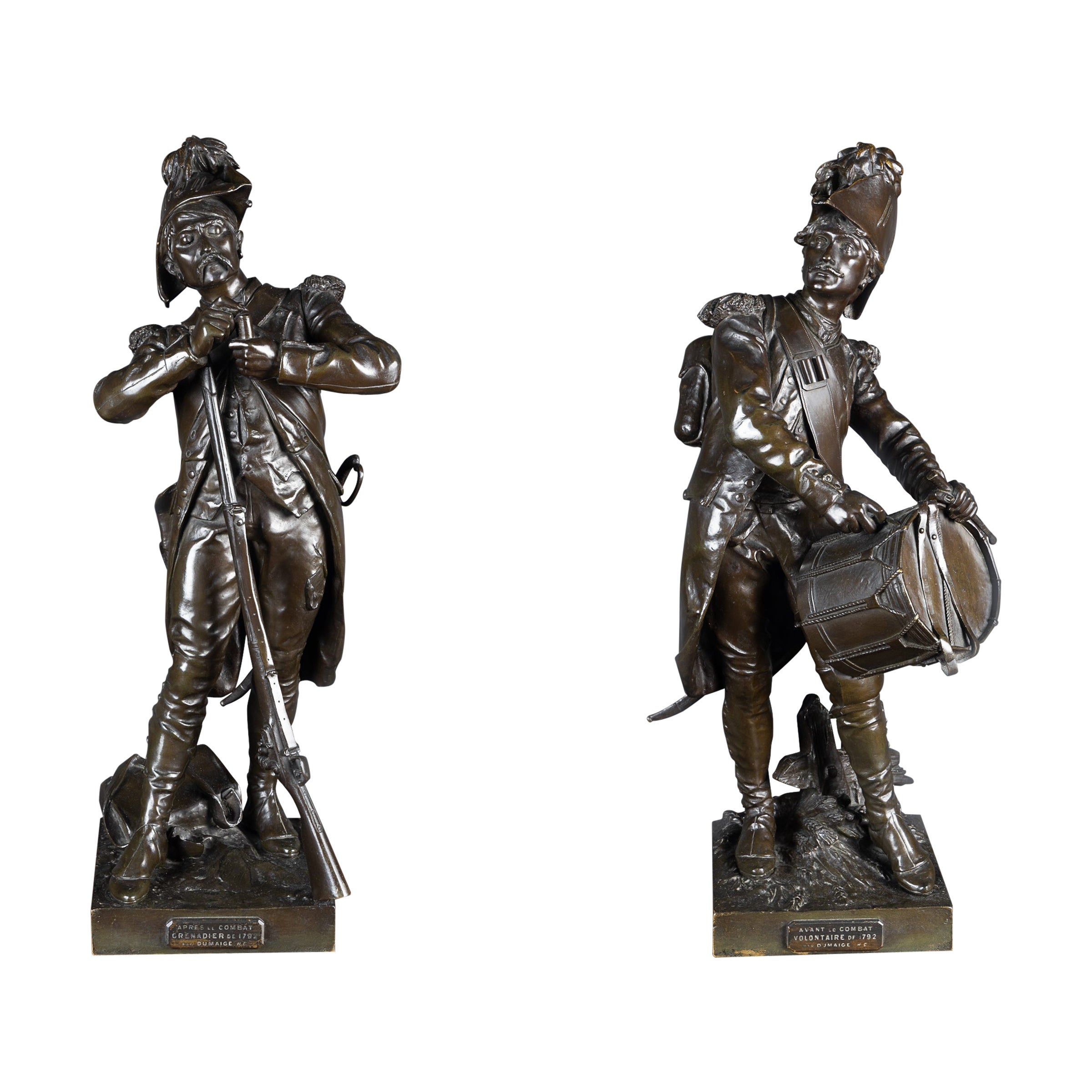 Pair of French 18th Century Bronze Soldiers Signed ' H. Dumaige' For Sale