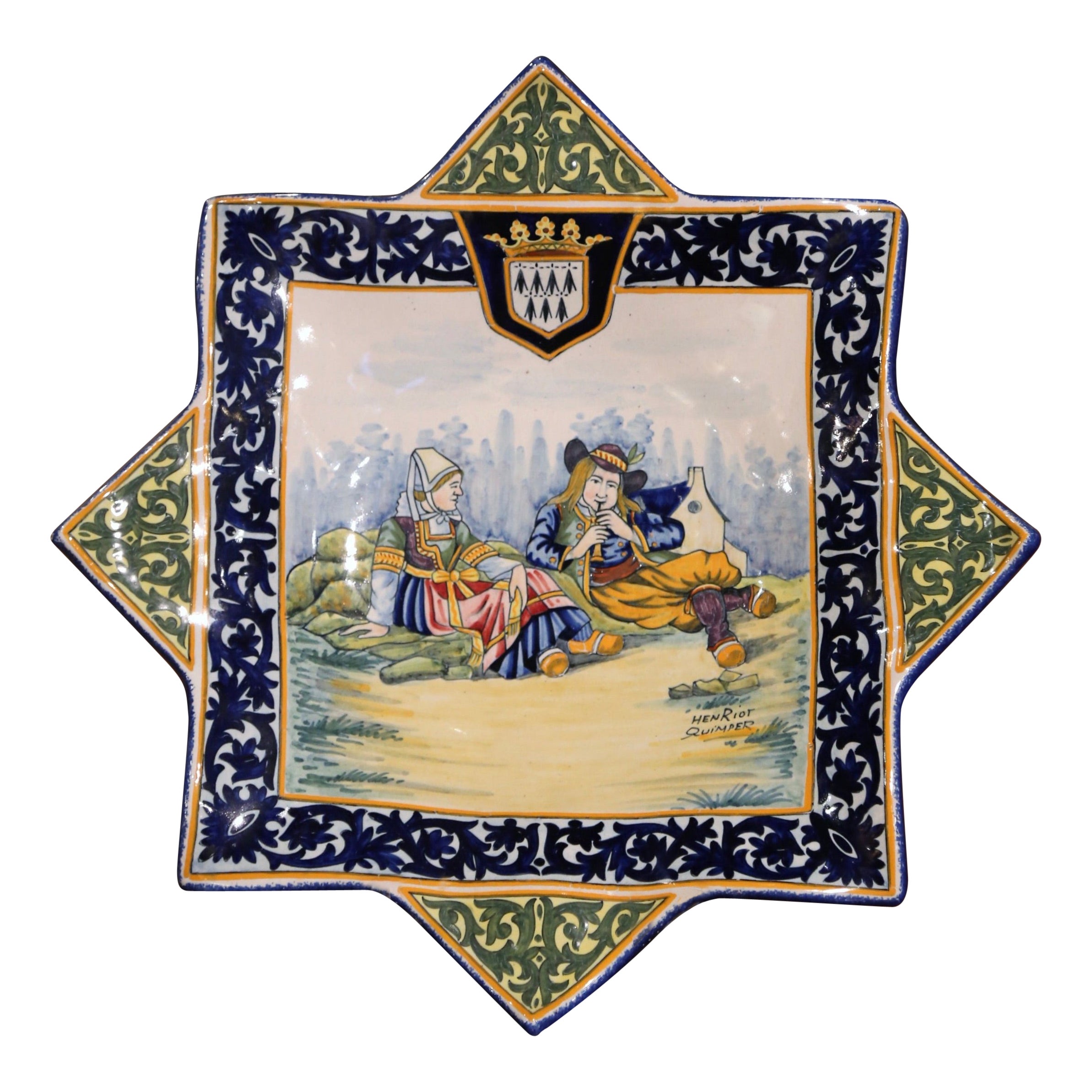  Early 20th Century French Painted Faience Wall Platter Signed Henriot Quimper For Sale