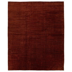 Modern Burgundy Tibetan Wool & Silk Rug With Stiped Pattern