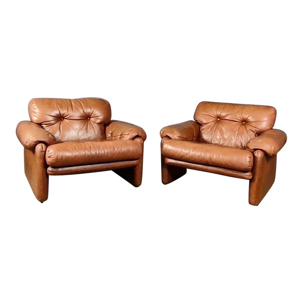 Pair Of Lounge Coronado Chairs By Tobia & Afra Scarpa For B&B Italia Tan Brown For Sale