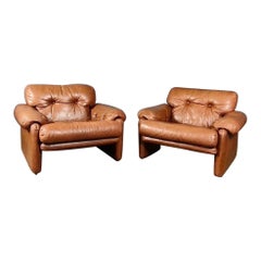 Vintage Pair Of Lounge Coronado Chairs By Tobia & Afra Scarpa For B&B Italia Tan Brown