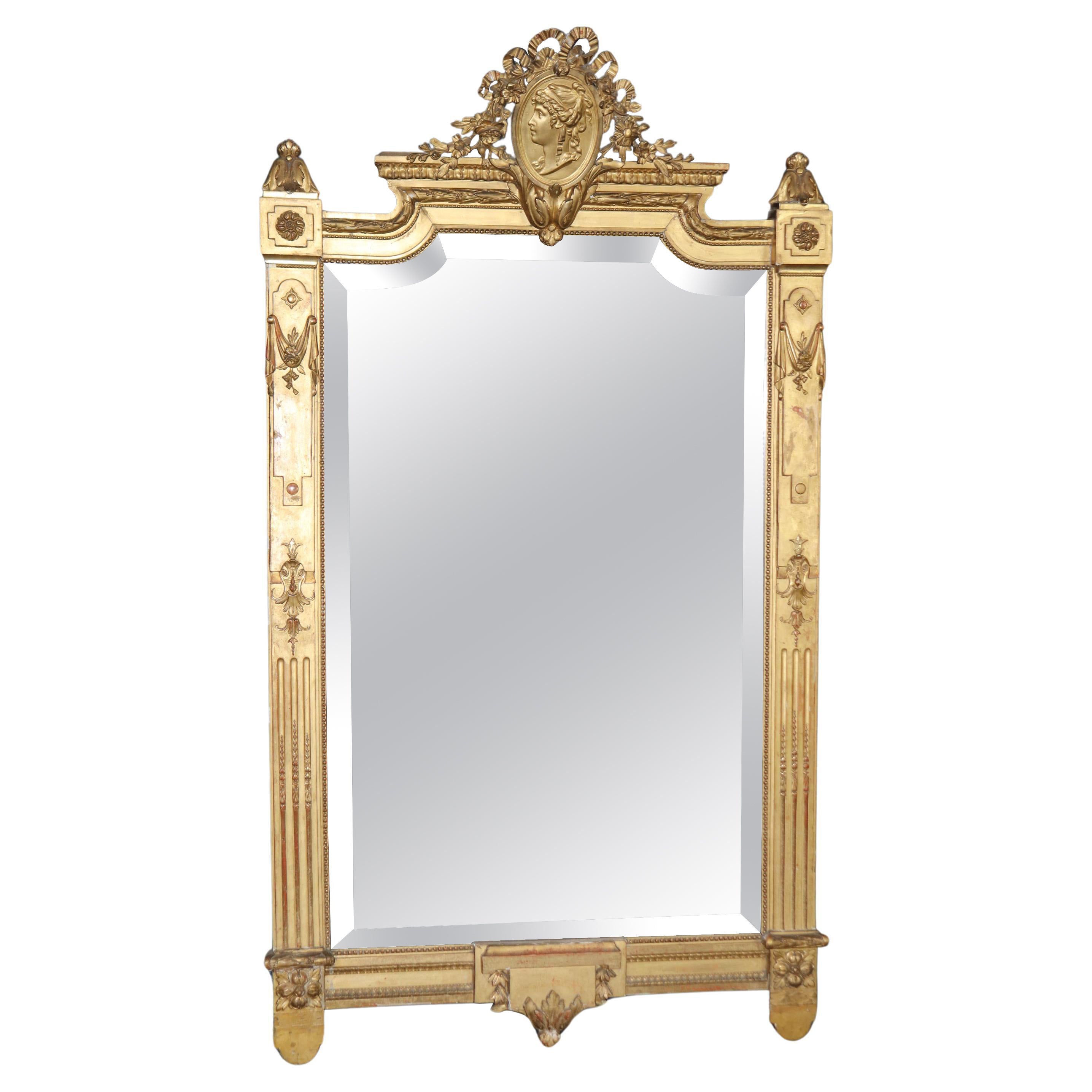Fine Beveled 5 ft Tall Figural Carved French Louis XVI Antique Mirror Circa 1900 For Sale