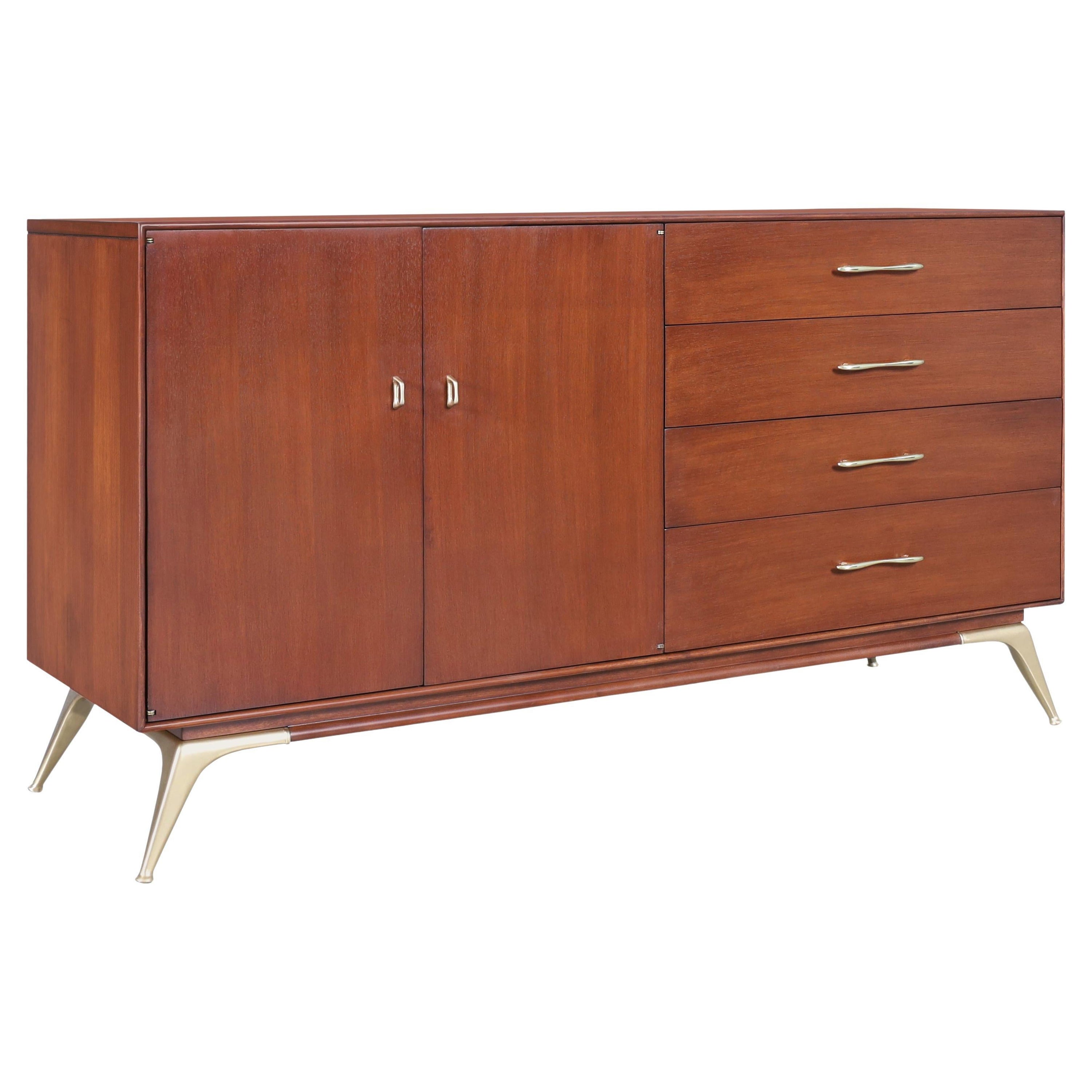 Mid-Century Modern Walnut and Brass Credenza by R-Way For Sale