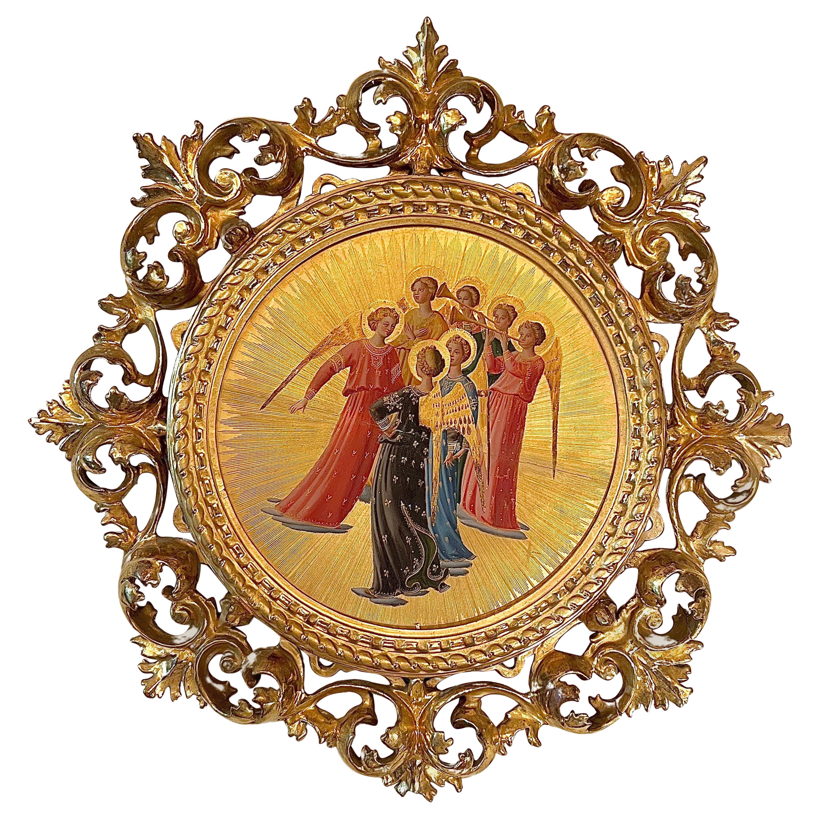 Antique Venetian Carved Fretwork Framed Gilt Wood Icons Painting, Host of Angels For Sale