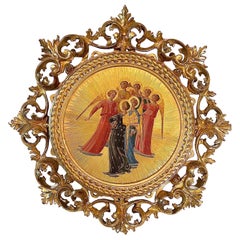 Ancienne peinture vénitienne d'icônes en bois sculpté et encadré avec dorure, hostie d'anges
