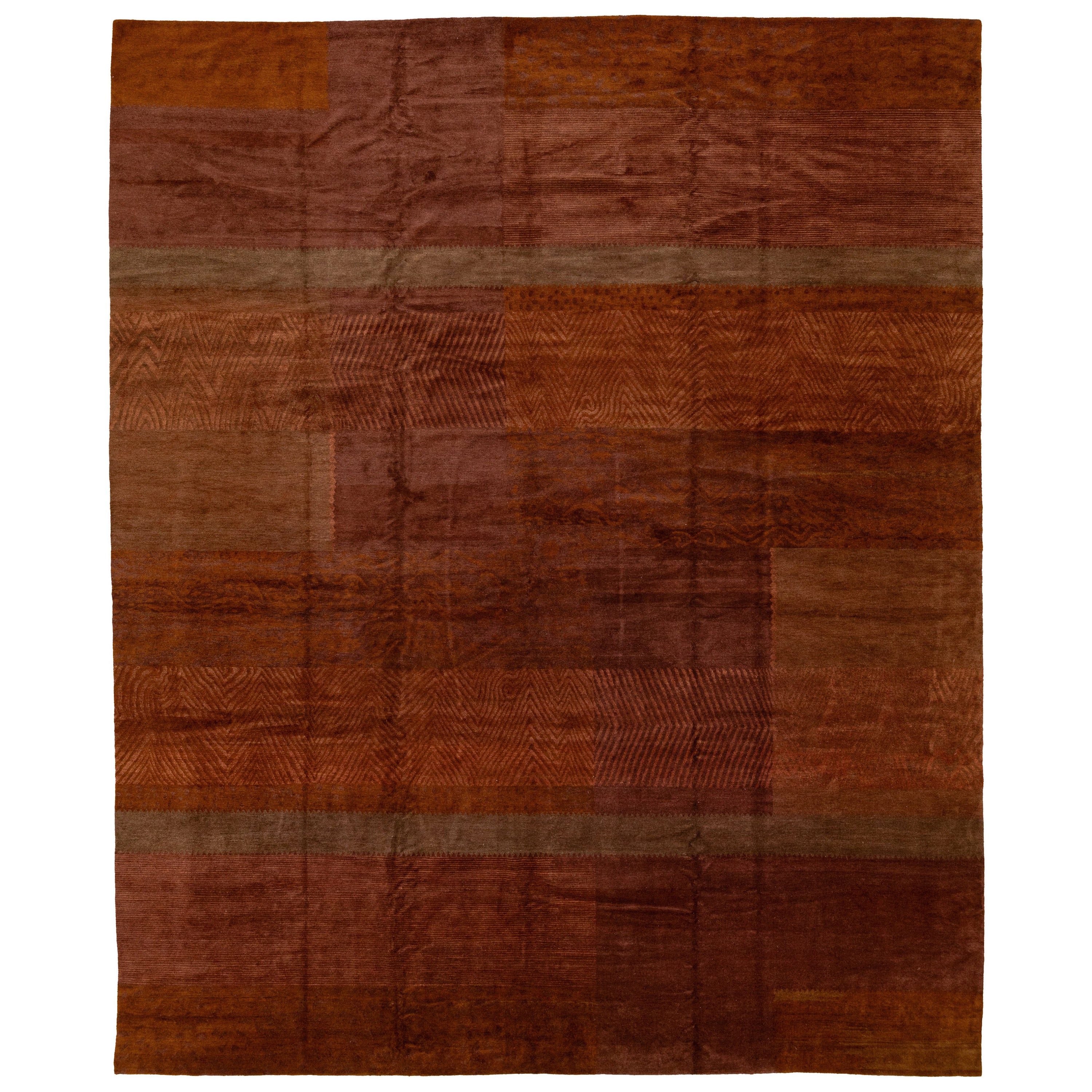 Modern Tibetan Wool & Silk Rug With Geometric Pattern In Rust Color