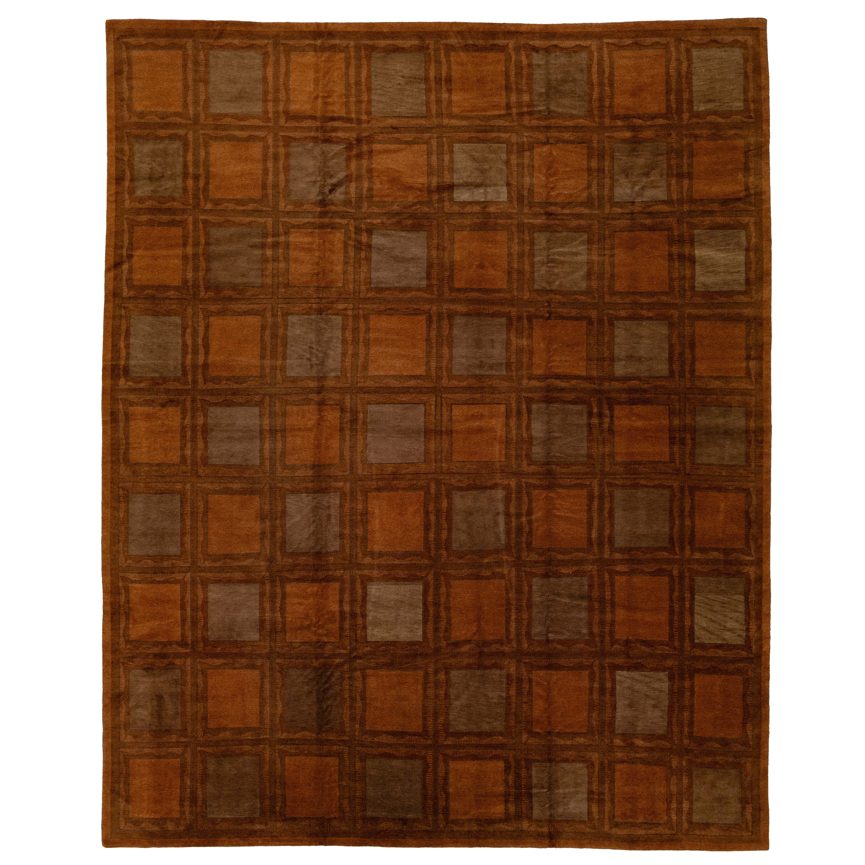 Contemporary Geometric Tibetan Wool & Silk Rug Designed with Orange Rust Color For Sale
