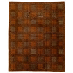 Contemporary Geometric Tibetan Wool & Silk Rug Designed with Orange Rust Color