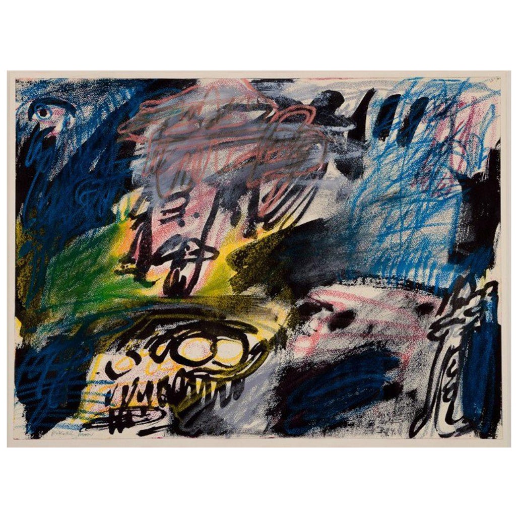 Peter Nyborg, artiste danois. Gouache et crayon d'huile sur papier. "L'homme impatient". en vente