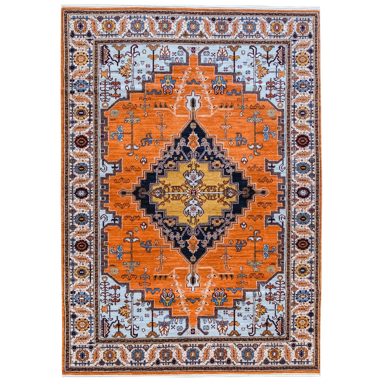 Tapis persan transitionnel orange, bleu et crème en pure laine, 5' x 7'