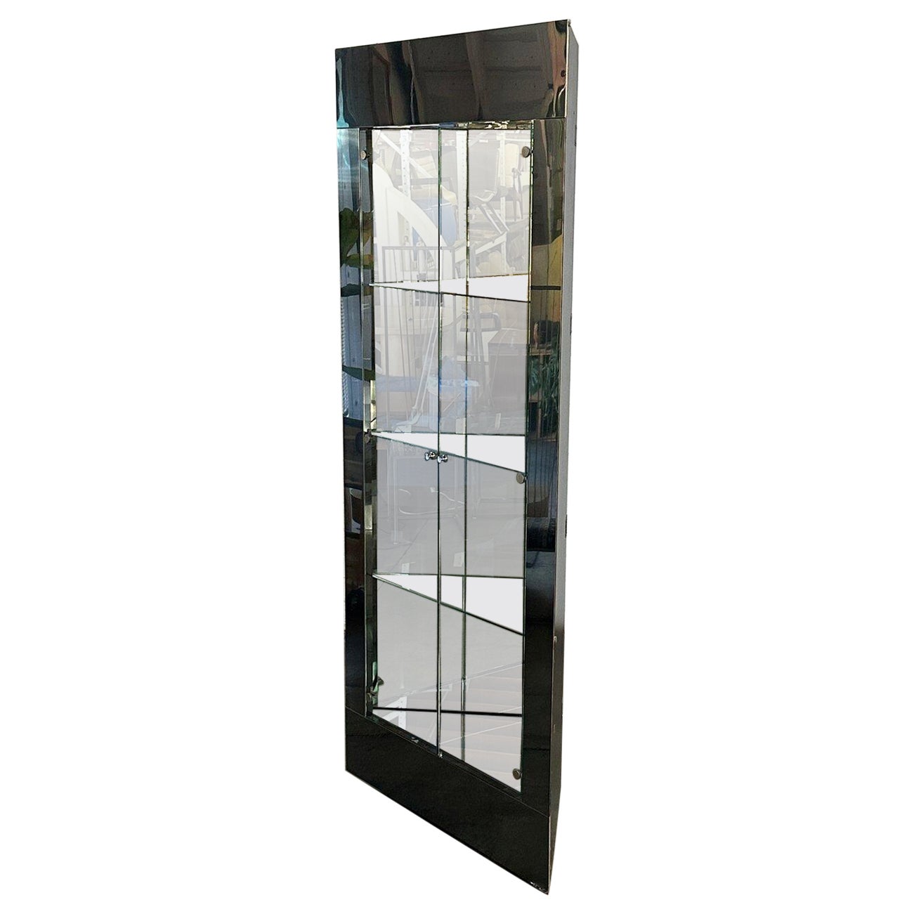 Mirrored chrome and glass corner cabinet For Sale