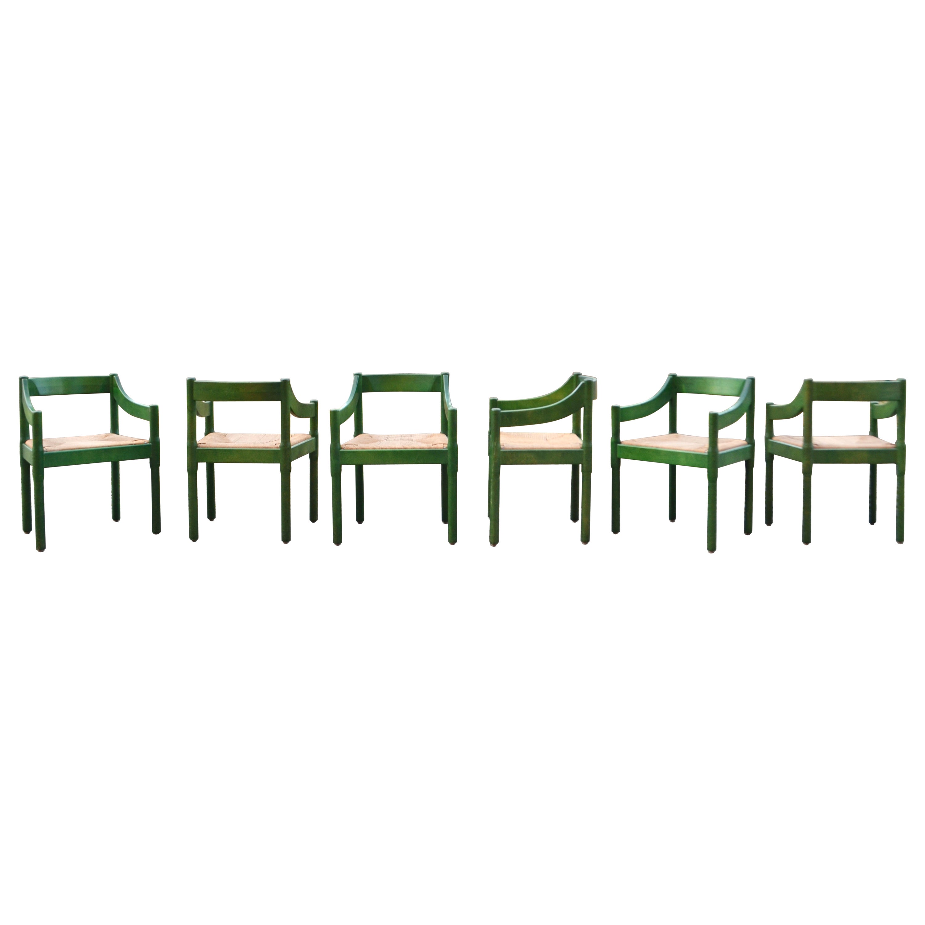  Cassina green Carimate Chair in rare birchwood by Vico Magistretti, Set of 6 For Sale