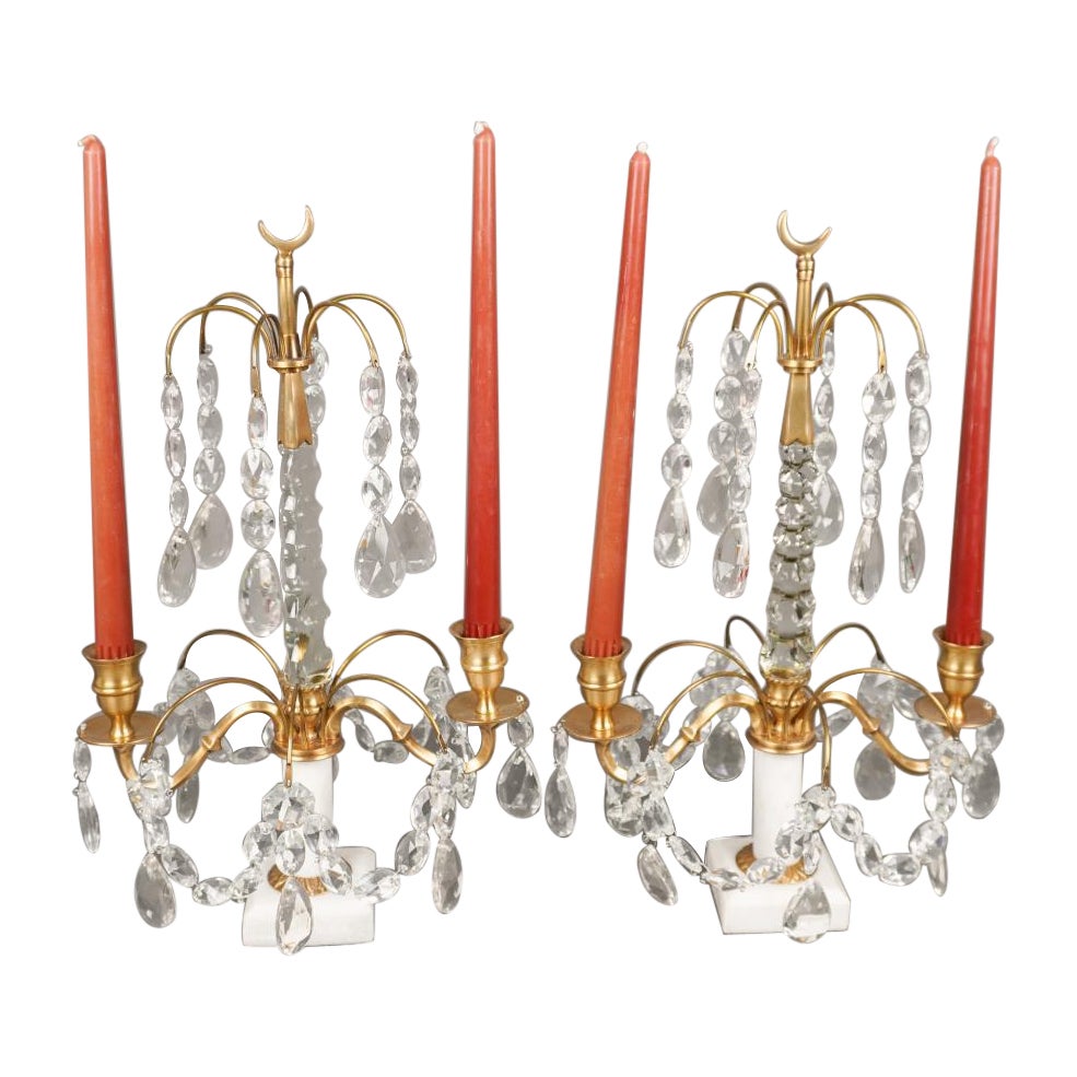 Pair Of Crystal And Brass Two Light Candle Table Sconces on Marble Plinth 