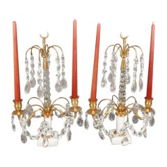 Used Pair Of Crystal And Brass Two Light Candle Table Sconces on Marble Plinth 