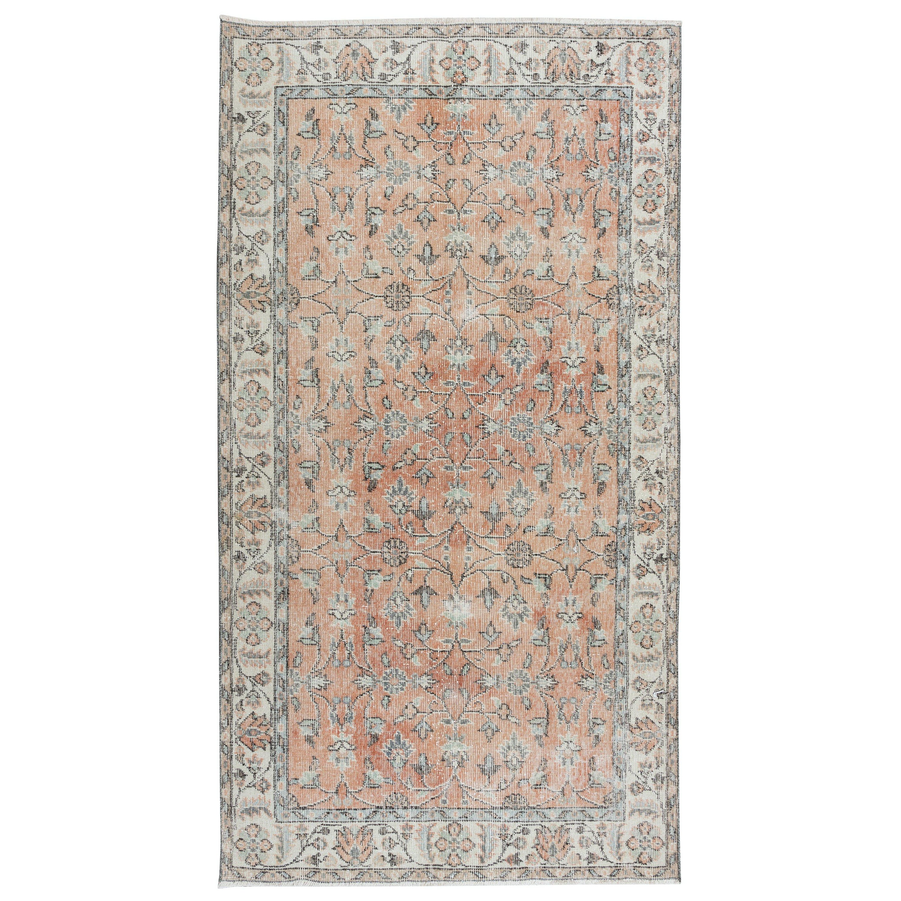 4x7 Ft Romantic Vintage Handmade Rug in Soft Red & Beige with Botanical Design For Sale
