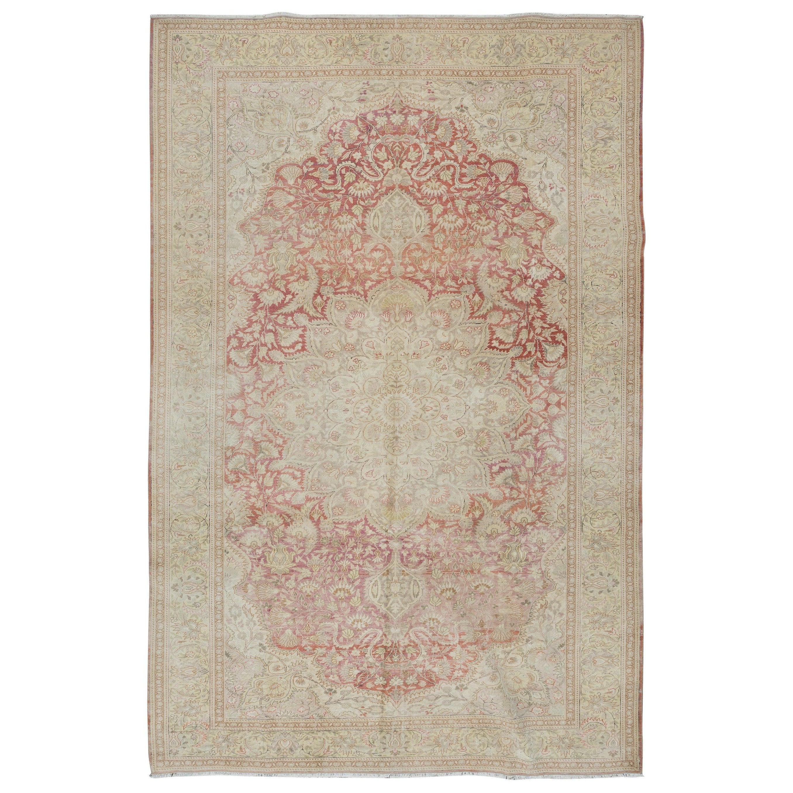 6.3x9.6 Ft Hand Knotted Turkish Area Rug in Beige & Red with Medallion Design For Sale