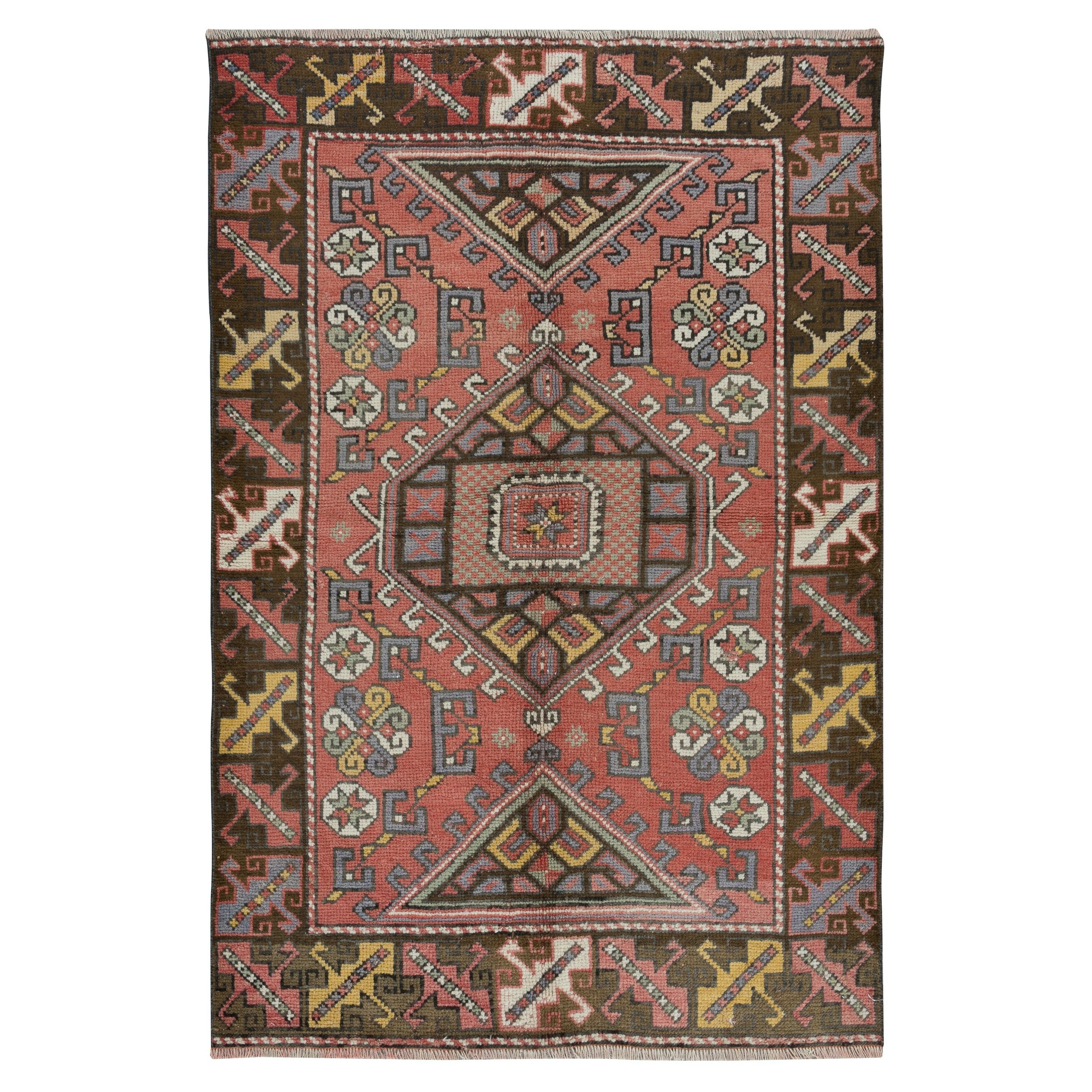 4x5.7 Ft Handmade Geometric Medallion Design Rug, Vintage Turkish Red Carpet (tapis rouge turc vintage) en vente