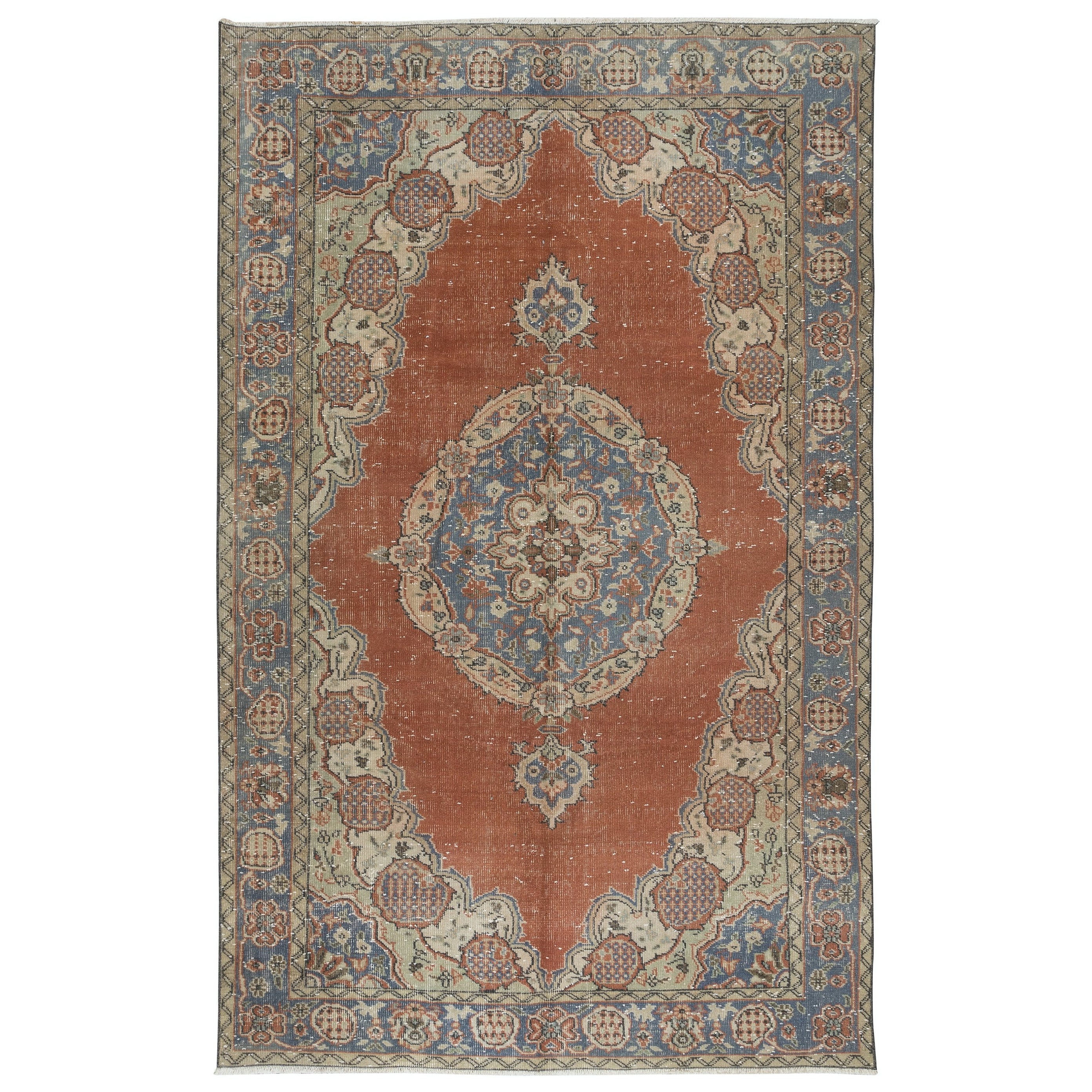 5.8x9 Ft Traditional Hand Knotted Vintage Turkish Rug in Red, Dark Blue & Beige For Sale