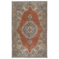 5.8x9 Ft Traditional Hand Knotted Vintage Turkish Rug in Red, Dark Blue & Beige