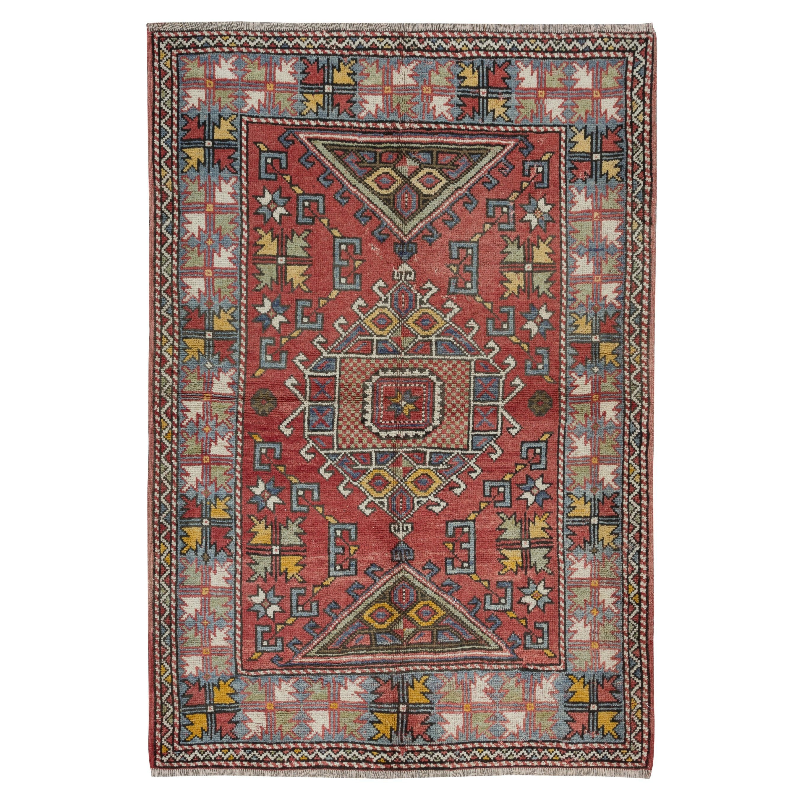 4x5.8 Ft Handmade Geometric Medallion Design Rug, Vintage Turkish Red Carpet For Sale