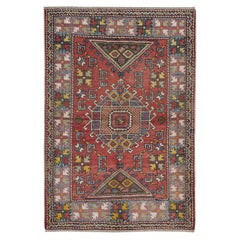 4x5.8 Ft Handmade Geometric Medallion Design Rug, Vintage Turkish Red Carpet